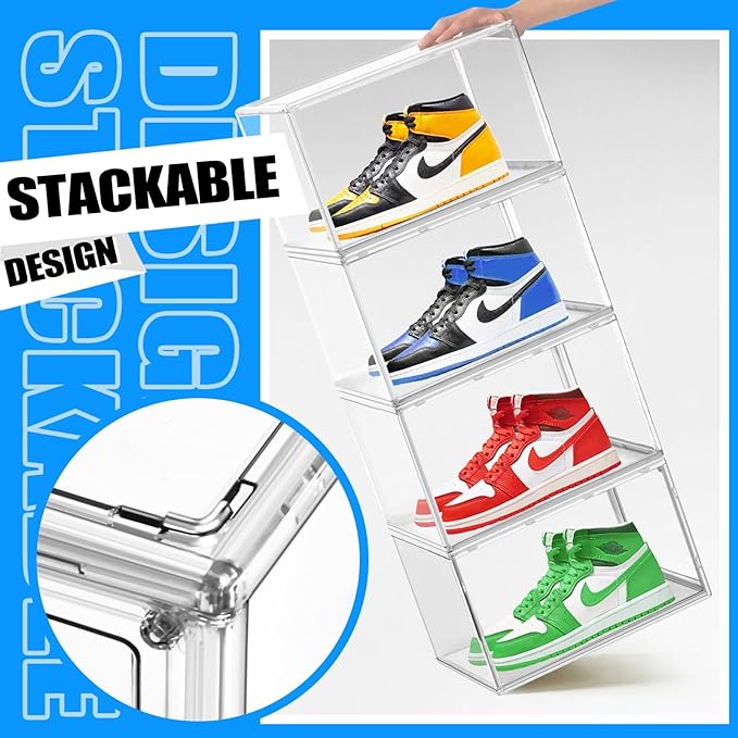 10 Pack Magnetic Shoe Boxes Acrylic Shoe Display Case, Size 12 Sneaker Storage Box Stackable Shoe Containers, Clear Dustproof Shoe Cabinet for Entryway, Closet, Underbed,Hallway, Bathroom