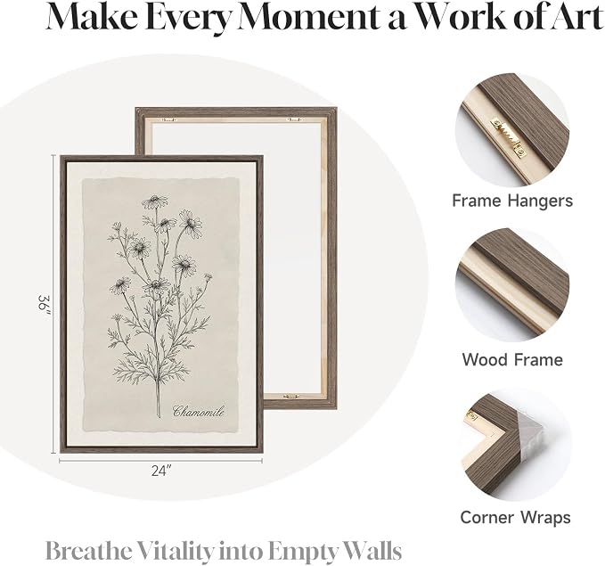 Framed Farmhouse Botanical Canvas Wall Art for Living Room, 3 Piece Large Vintage Neutral Floral Line Artwork for Walls, Minimalist Rustic Sketch Art Prints Paintings for Bedroom Kitchen, 24x36 Inch