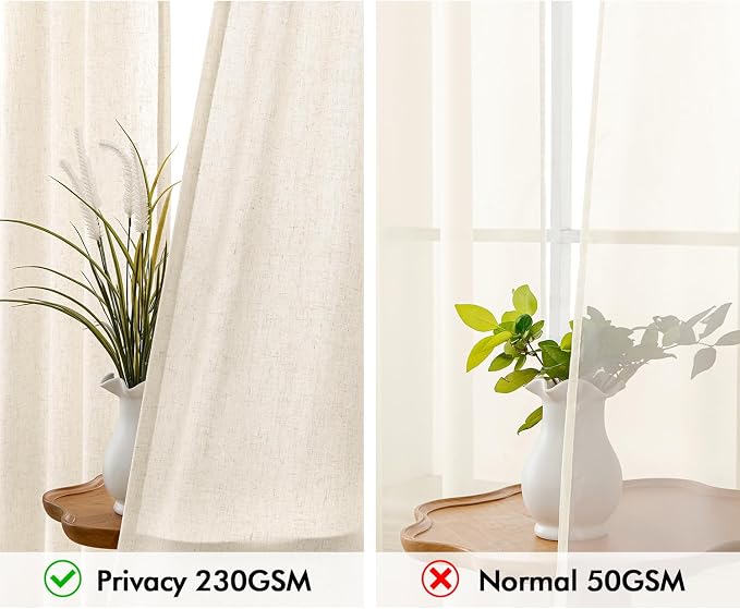 MIULEE Non-See-Through Privacy Linen Curtains 2 Panels, Light Filtering Window Curtains Farmhouse Textured Back Tab Semi Sheer Drapes for Bedroom Living Room, 52 x 72 Inches Long, Cream Ivory