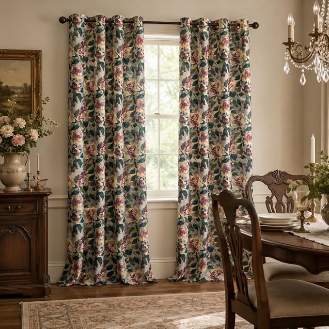 ALIGOGO Printed Botanical Curtains 96 Inches Long - 70s Two Pages Floral Curtains for Dining Room, Retro Spring Peony Leaf Light Filtering Linen Drapes Grommet Top, 50 x 96 Inches, Green & Beige