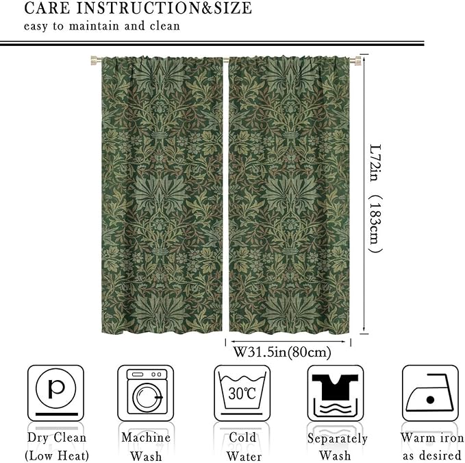 Bohemia Art Blackout Window Curtains, William Morris Original Design Green Garden Vintage Curtains, for Living Room Bedroom 31.5(W)*72(L) 2 Panels