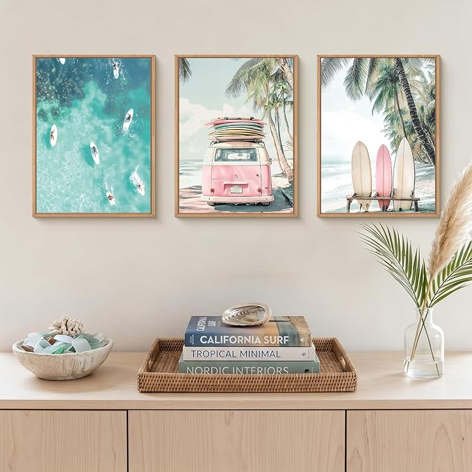 HOURIA Summer Surfboard Beach Framed Canvas Wall Art Set,Modern Ocean Surfing Seascape Wall Decor,Coastal Bus Coconut Tree Wall Painting,Nature Botanical Art Prints for Living Room, Bedroom-12 x16 x3