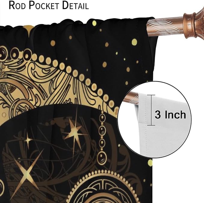 Sun Moon Blackout Windows Curtains, Retro Bohemian Antique Hippie Gold Sun Crescent and Star Curtains, for Living Room Bedroom 42x45in 2 Panels