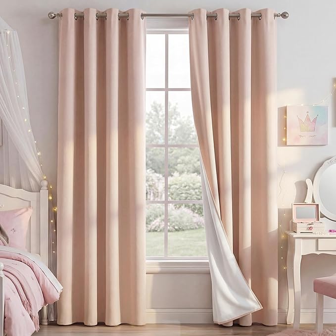 NICETOWN 100% Absolutely Blackout Linen Curtains for Bedroom Living Room, Blush Pink, 52" Wide, 2 Pieces, Privacy Vertical Thermal Insulated Window Drapes 84 inch Long for Infants and Young Children