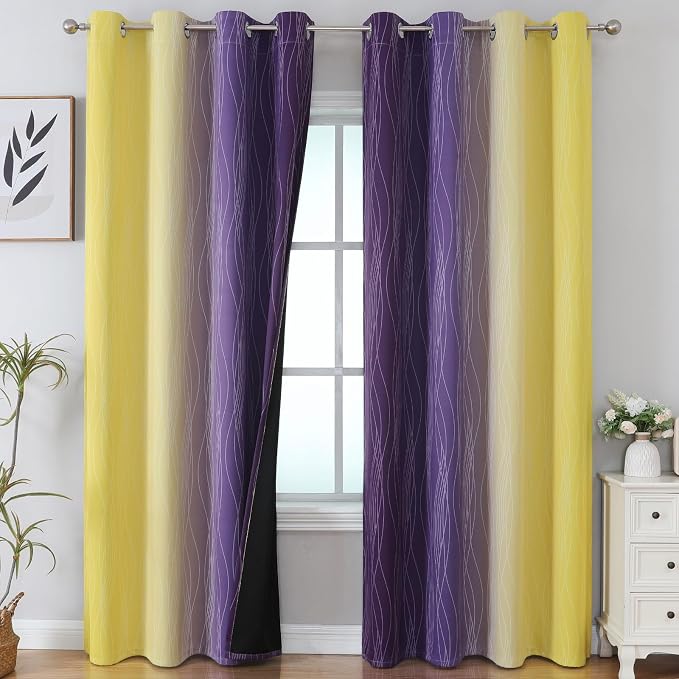 Estelar Textiler Yellow and Purple Ombre Blackout Curtains 84 Inch Length for Bedroom, Thermal Insulated Full Light Blocking Grommet Gradient Blackout Drapes for Living Room, 52Wx84L, 2 Panels