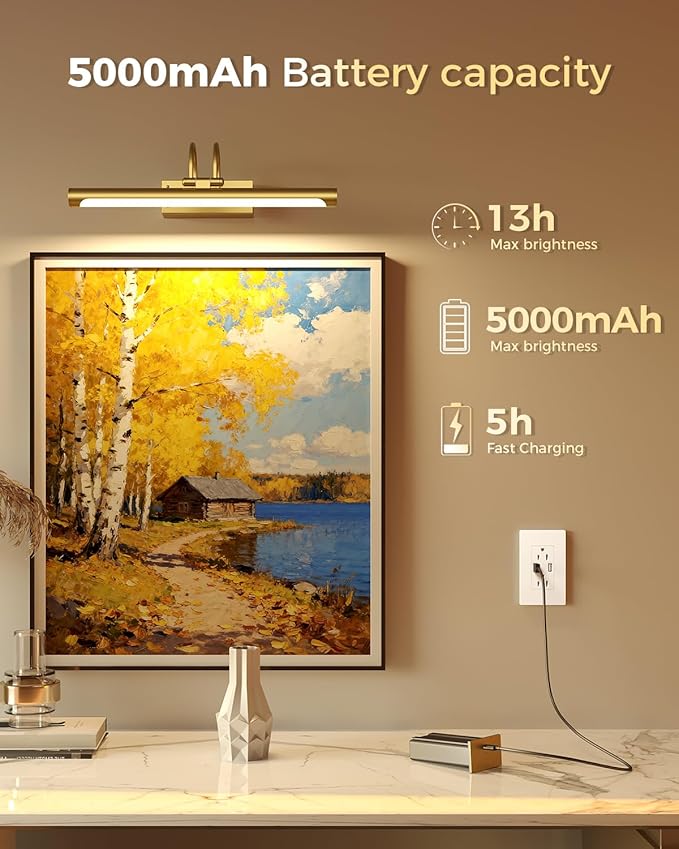 Battery Operated Picture Light with Remote, 15.7″ Wireless Wall Light for Artwork & Frames, Rechargeable LED Gallery Lamp, Dimmable with Timer, Adjustable Metal Design, Electroplated Gold Finish