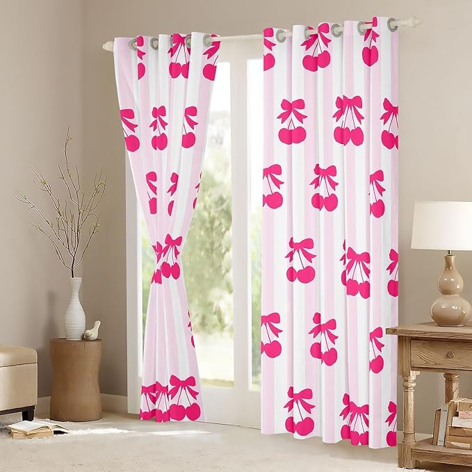 Feelyou Pink Girls Bow Curtains for Bedroom Living Room (2 Panels, 42 x 63 Inch) Kawaii Cherry Prints Darkening Dreapes Boys Teens Decor Stripes Blackout Curtains Cute Bowknot Window Treatments