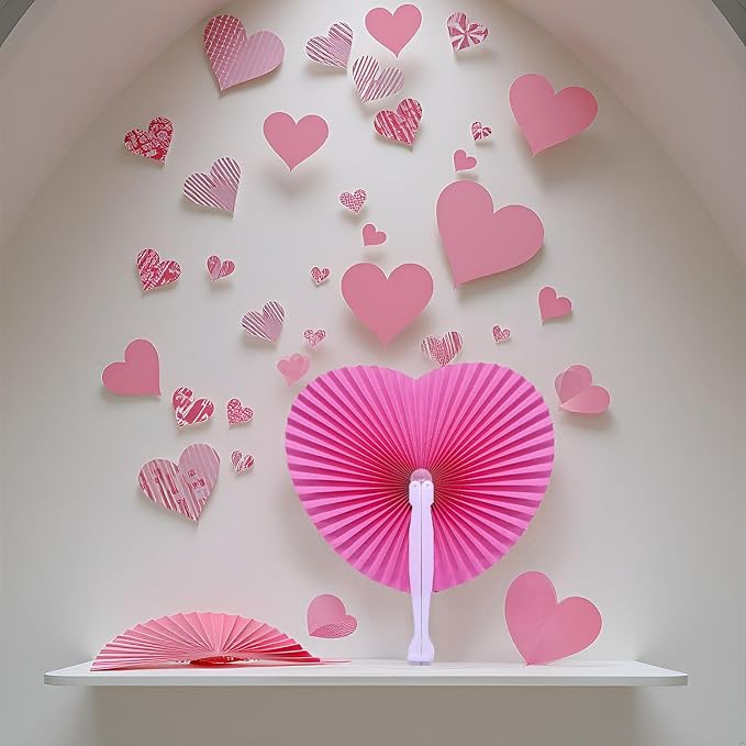 20 Pieces Pink Heart Paper Fans | Foldable Handheld Fans for Women,Folding Hand Fans for Wedding,Bridal Guest,Church,Party Favors,Dancing,Birthday,DIY