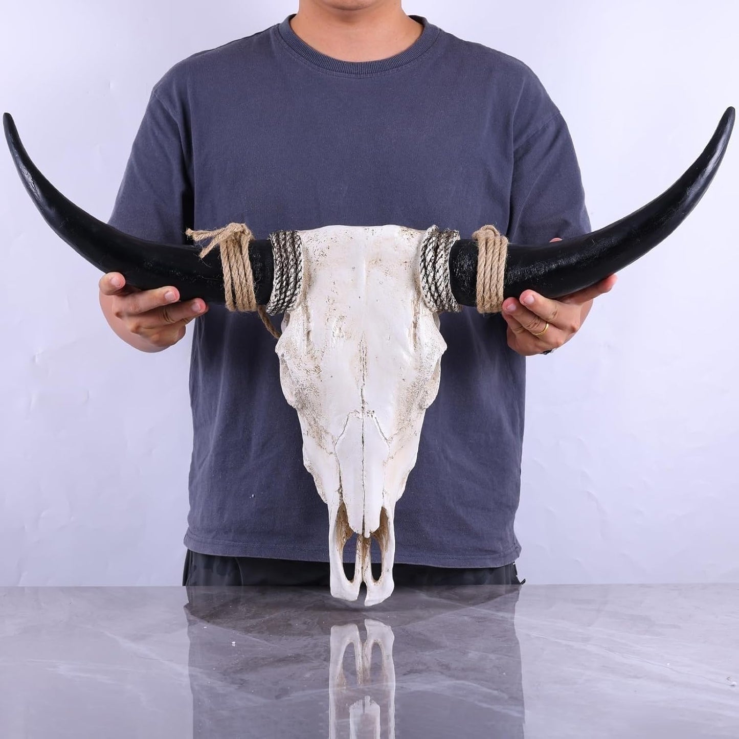 XOUXYJUN 31inch Cow Skull Wall Decor, Long Horn Wall Hanging Decor,Wall Hanging Faux Longhorn Skull Faux Taxidermy Animal Head, Handmade Decor Home Sculpture Faux Bull Horns for Wall (Black)