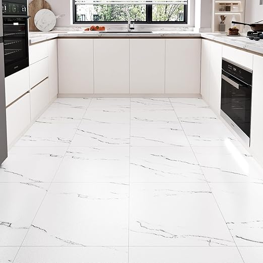 WESTICK White Peel and Stick Floor Tile Bathroom Waterproof Marble Vinyl Floor Tiles Self Adheisve Easy DIY Granite Flooring Tile for Kitchen Bedroom Dining Room 12" x 12" Jazz White