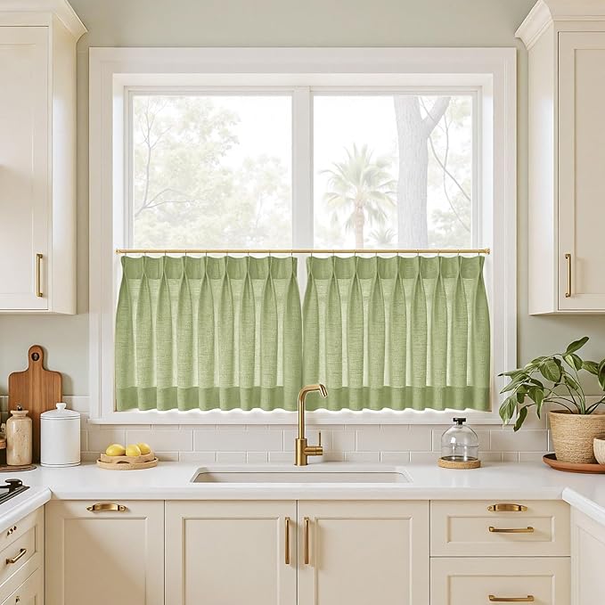 TWOPAGES 42" W x 36" L Linen Blend Cafe Curtains for Kitchen Window, Light Filtering Pinch Pleated Tier Curtains, Modern Farmhouse Half Window Curtains for Bathroom, Olive, 2 Panels