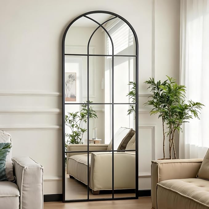 Dewfig 71"x32" Arched Window pane Full Length Mirror, Wall Mirror, Floor Standing Mirrors, Farmhouse Long Full Body Mirrors Wall Mounted for Living Room, Bedroom, Entryway, Fireplace, Black