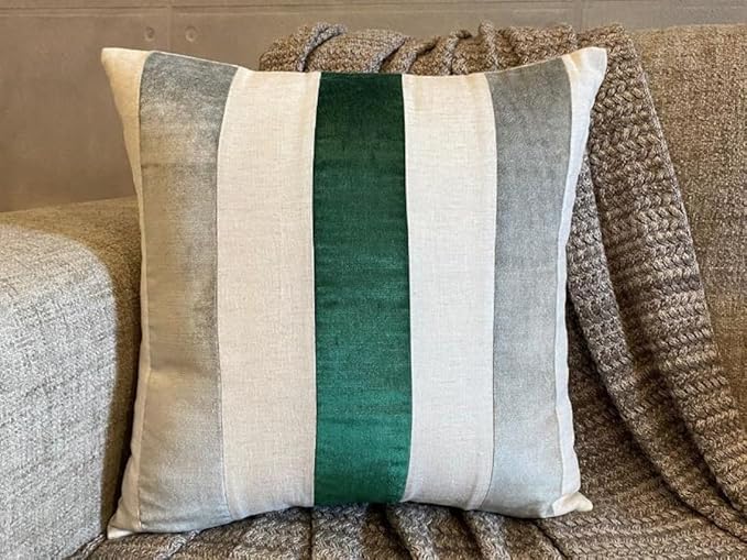 The HomeCentric Striped Decorative Throw Pillow Covers 16" x 16" | Modern Velvet Cushion Cover | Patchwork Emerald Green Pillowcases for Couch, Sofa, Bed, or Living Room - Velvet Band Emerald
