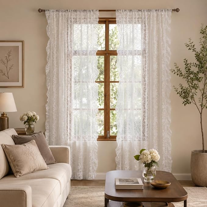 TUDECO White Ruffle Curtains - Boho Flower Sheer Lace Curtains for Dining Room - Shabby Chic Flowy Privacy Coquette Decor - Rod Pocket - 2 Panels, 59 x 96 Inch