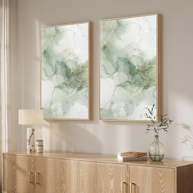 Framed Sage Green Abstract Wall Art for Living Room, Large Set of 2 Green Gold Canvas Artwork for Walls, Minimalist Modern Paintings Print Wall Decor for Bedroom Dining Room Office Hallway, 24x36 Inch