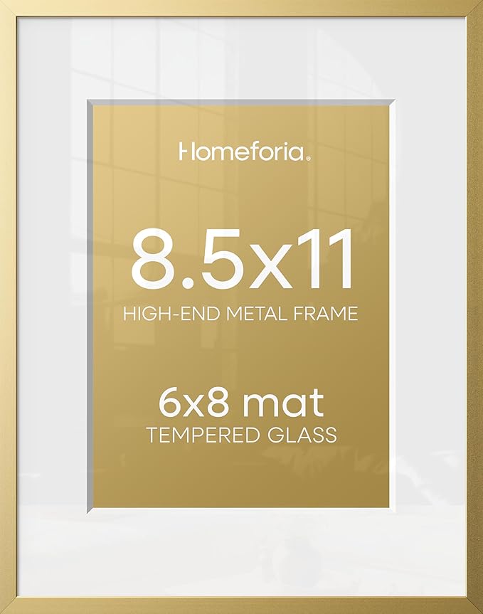 Homeforia 8.5 by 11 Picture Frame Gold, High End Metal 8.5x11 Poster Frames with Mat 6x8 Photo, 8.5 x 11 Frame Matted to 6 x 8 Print, 8.5by11 Wall or Tabletop Frame, Tempered Glass, Wall Kit, Set of 3