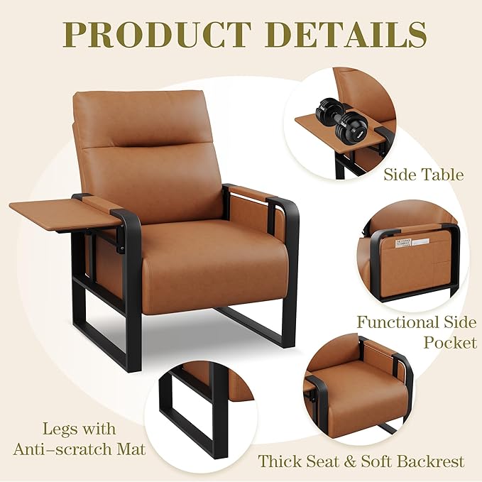 Brown Accent Chair PU Leather Upholstered Armchair with Side Table | Modern Ergonomic Accent Chair for Living Room Bedroom Reading Chair with Side Pocket Corner Chair Office Reception Side Chair