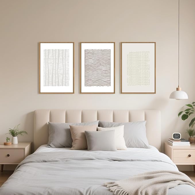 Large Abstract White and Beige Framed Canvas Wall Art,Geometric Dot and Line Wall Decor,Modern Wave Lines Artwork,Neutral Minimalist Shapes Art Print for Living Room,Bedroom,Office- 16"x24"x3