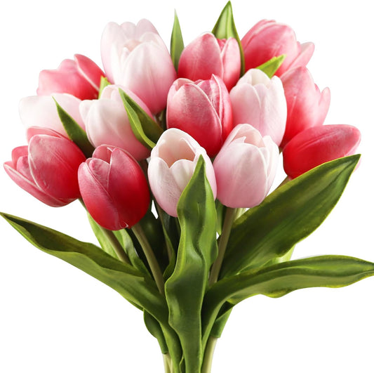 Buart Artificial Tulip in Bulk for Home Kitchen Wedding Bridal Bouquet,Fake Flowers for Valentine's Day Mother's Day Easter Table Centerpieces Decorations(Large Size,Multi Pink,Real-Touch,12pcs)