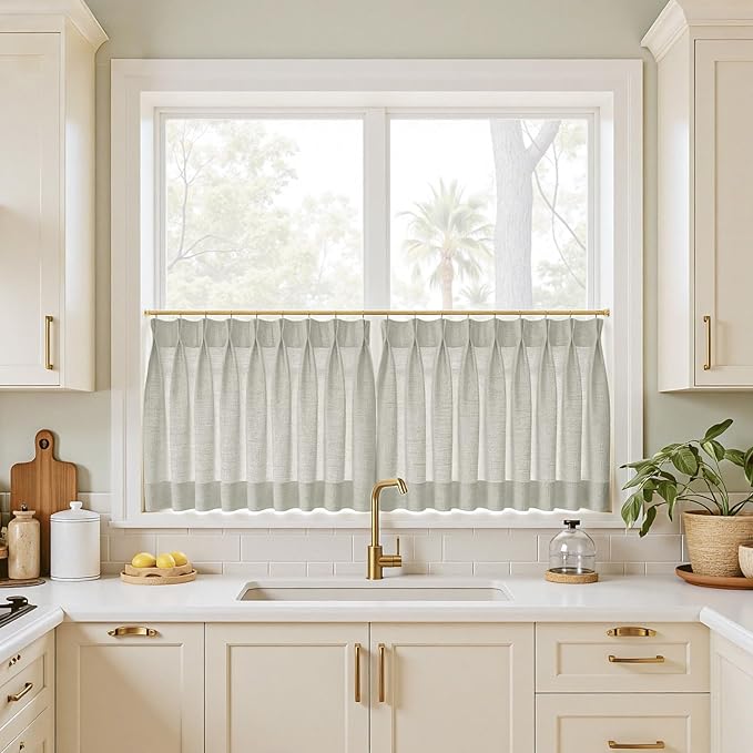 TWOPAGES 52" W x 36" L Linen Blend Cafe Curtains for Kitchen Window, Light Filtering Pinch Pleated Tier Curtains, Modern Farmhouse Half Window Curtains for Bathroom, Fog, 2 Panels