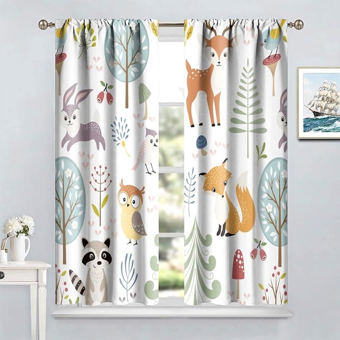 Nursery Safari Animals Curtains, Baby Boy Girl Kids Woodland Jungle Forest Lion Elephant Printed Curtains for Living Room Bedroom Window Drapes 2 Panel Sets63x72 Inch