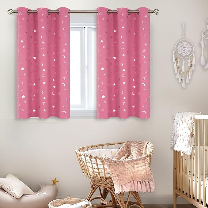 BGment Pink Curtains for Girls Bedroom 45 Inch Long, Short Star and Moon Blackout Curtains for Nursery, Thermal Insulated Room Darkening Small Window Curtains with Grommet for Kids, 42 Wide, 2 Panels