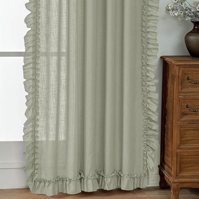 Light Sage Green Farmhouse Curtains 84 Inches Long 2 Panels, Each W58 x L84 Inch, Boho Linen Textured Cottage Scalloped Curtains for Living Room, Rod Pocket Privacy Semi-Sheer Ruffled Curtain Drapes