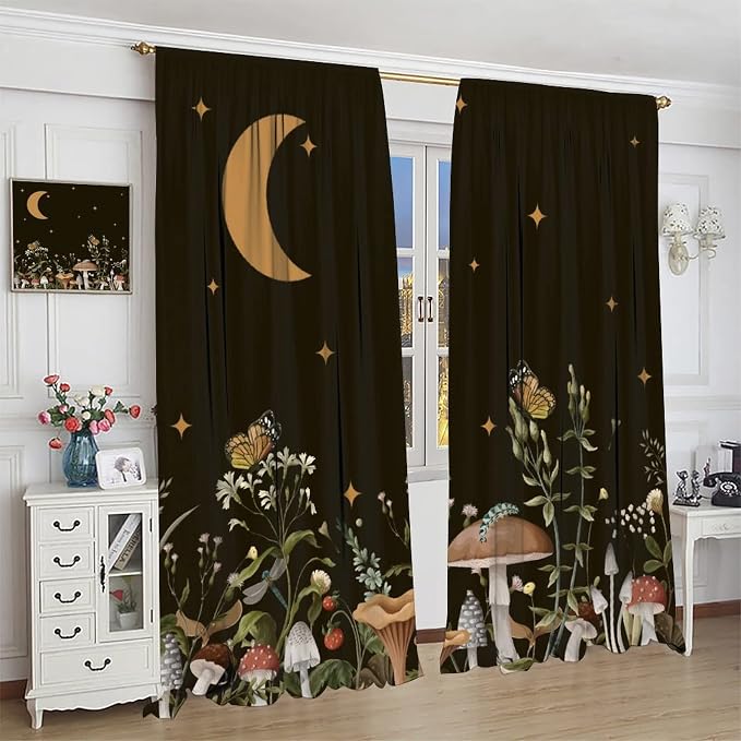 Wild Mushroom Blackout Curtains,Retro Floral Plants Boho Moon Star Window Drapes,Butterfly Botanical for Living Room Kitchen Bedroom,Black Background 42x54 Inch