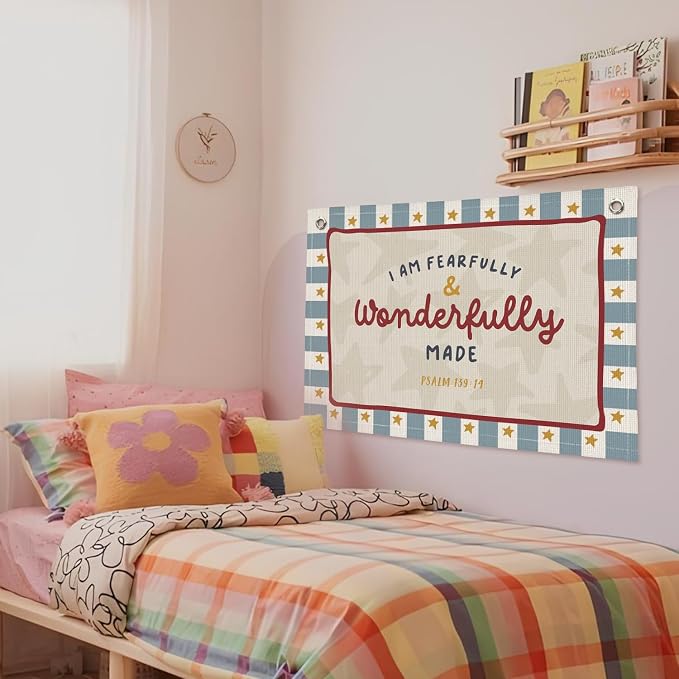 Wheatwin Fearfully And Wonderfully Made Nursery Wall Decor, Vintage Kids Room Playroom Bible Verse Christian Wall Hanging Banner, Canvas Decoration for Classroom, Nursery Kids Room