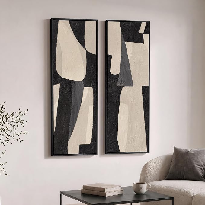 Long Narrow Framed Neutral Abstract Vertical Wall Art, Set of 2 Modern Canvas Prints Paintings Artwork for Walls, Black and Beige Minimalist Pictures Living Room Bedroom Hallway Entryway Wall Decor