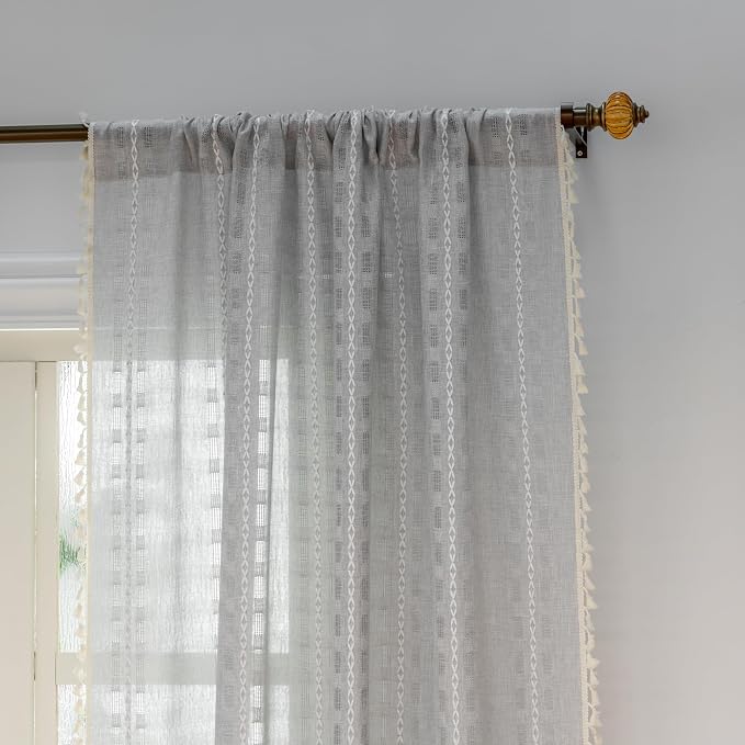 Deeprove Silver Grey Boho Curtain 96 inches Length for Living Room Bedroom Nursery Doorway, Sheer Bohemian 96 inches Long, Stripe Embroidery Privacy Window Fringe Christmas Decor W52 x L96, 1 Panel