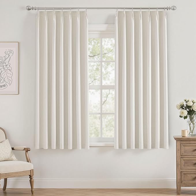Blackout Curtains 63 Inch Long for Living Room Bedroom, Pinch Pleat Linen Drapes Thermal Insulated Room Darkening Noise Reducing Ivory Black Out Curtain 2 Panels Set with Back Tab