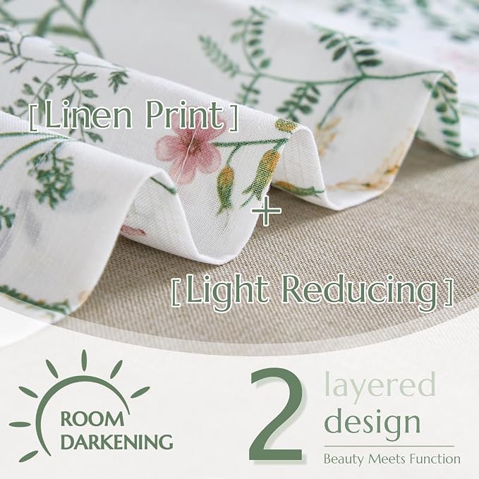 jinchan Linen Double Layer Valance Curtain for Windows Spring Summer Farmhouse Floral Light-reducing Kitchen Living Room Bedroom Bathroom 16 Inch Rod Pocket 1 Panel Green on White
