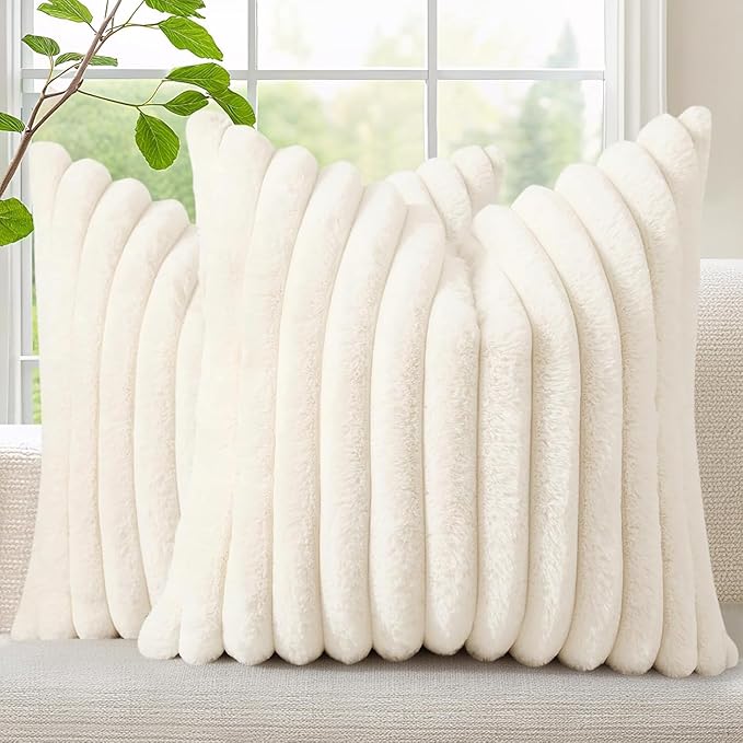 decorUhome Fall Cozy Faux Fur Throw Pillow Covers 12x12 Set of 2 Decorative Soft Plush Striped Modern Farmhouse Boho Couch Pillow Cases with Velvet Back for Sofa Bed Living Room, Cream White