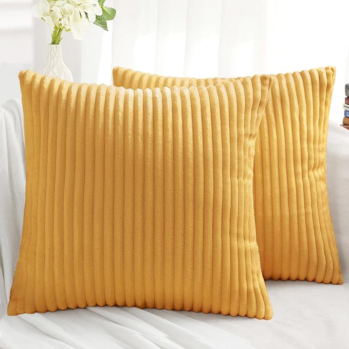 Simmore Decorative Fall Throw Pillow Covers 22x22 Set of 2, Soft Natural Plush Flannel Double-Sided Fluffy Couch Euro Sham Pillow Covers for Sofa Living Room, Mustard Yellow