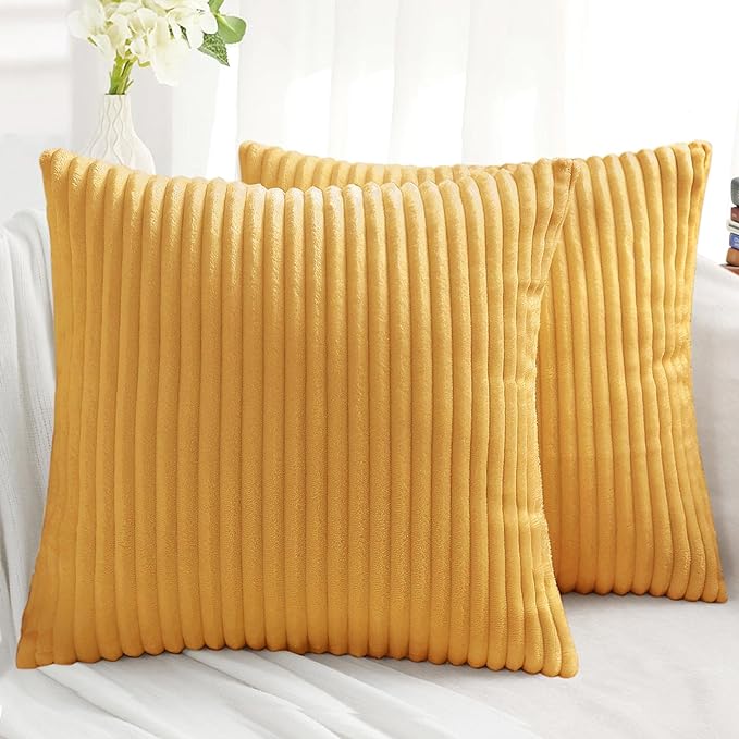 Simmore Decorative Fall Throw Pillow Covers 24x24 Set of 2, Soft Natural Plush Flannel Double-Sided Fluffy Couch Euro Sham Pillow Covers for Sofa Living Room, Mustard Yellow