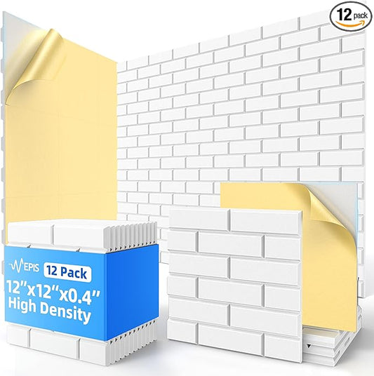 12 Pack Acoustic Panels with Self Adhesive, 12" X 12" X 0.4" High Density Sound Proof Foam Panels for Walls, Soundproof Wall Panels, Brick Sound Absorbing Panels for Home Studio Office Decor - White