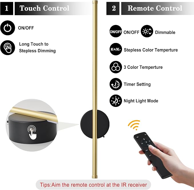 Battery Operated Modern Wall Sconce Set of Two,Rechargeable Wireless Wall Lights with Remote Control,Dimmable,3 CCT,Cordless Lighting Fixtures for Bedroom,Living Room,Hallway,23.6 Inch,Black Gold