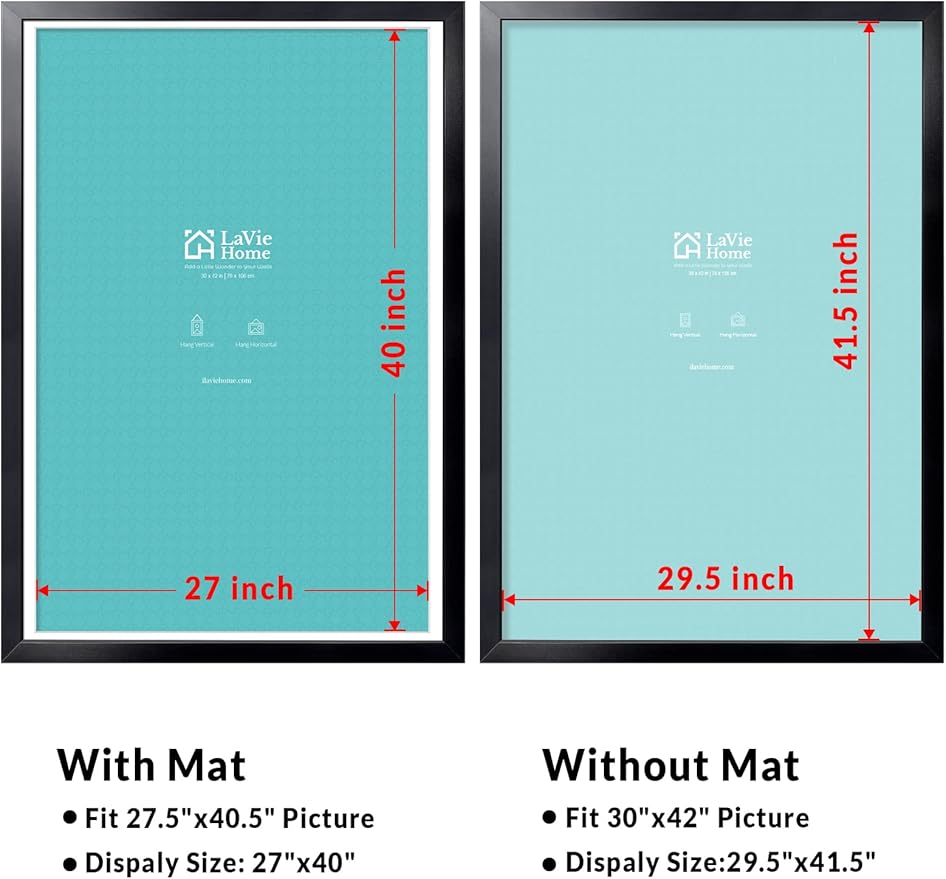 LaVie Home 30 x 42 Poster Frame Black, Display Pictures 27x40 with Mat or 30x42 Without Mat, Stable and Sturdy Picture Frame and Polished Plexiglass, Horizontal and Vertical Format of The Wall（1 Pack）