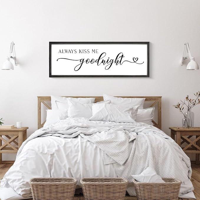 Always Kiss Me Goodnight Wall Sign 42''×15'' Large Above Bed Wall Decor Bedroom Sign Bedroom Decor with Solid Wood Framed, Couples Love Theme Wall Decor (Black)