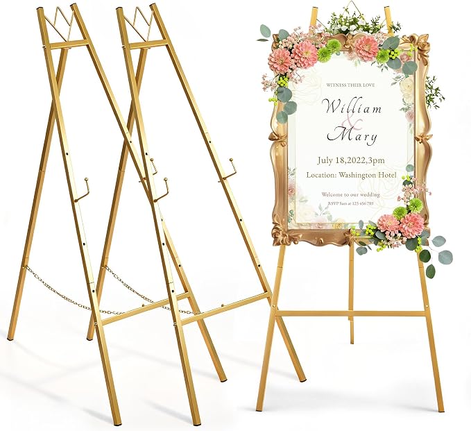57.5" Gold Easel Stand for Sign, Wedding Sign Stand for Display, Assembly Required, 4 Adjustable Height Levels Heavy Duty Metal Display Stand Floor Standing Easels for Art, Paintings, Pictures(2 Pack)