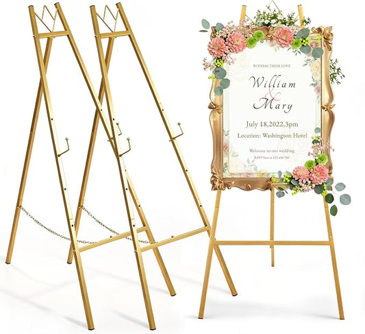 57.5" Gold Easel Stand for Sign, Wedding Sign Stand for Display, Assembly Required, 4 Adjustable Height Levels Heavy Duty Metal Display Stand Floor Standing Easels for Art, Paintings, Pictures(2 Pack)