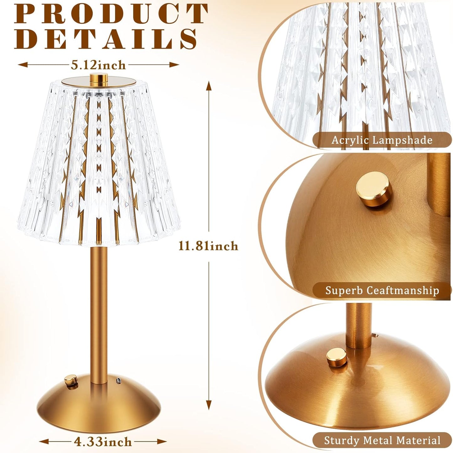 Liliful 4 Pcs LED Portable Cordless Table Lamp Touch Battery Operated Rechargeable Desk Lamp 3 Color Dimmable for Bedroom Living Room Dining (Classic Style,Gold)