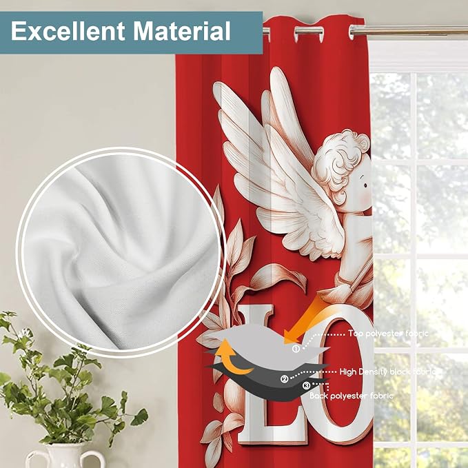 Shrahala Cupid Love Thermal Insulated Blackout Window Curtains, Romantic Love Long Drapes for Bedroom/Living Room with Plastic Grommet, 52X63 Set of 2