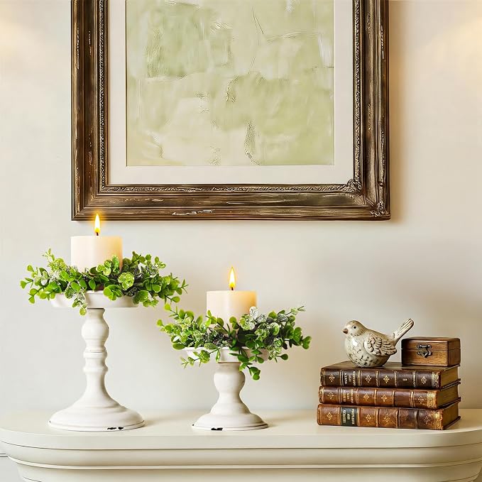 Rustic Iron Pillar Candle Holder: White Farmhouse Candle Holder with Greenery Wreaths Set of 2, Elegant Large Candle sticksholder Decor for Wedding, Coffee Table Centerpieces, Living Room, Home Decor