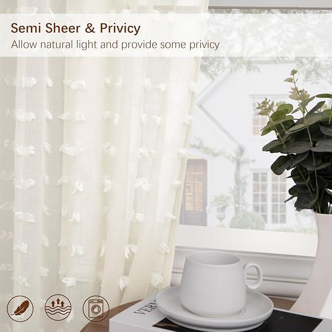 DANCURTON Sheer Cream Curtains 96 Inches Long for Living Room Fairy Pom Pom Textured Ivory Sheer Curtains Back Tab Farmhouse Boho Sheer Voile Drapes for Bedroom Laundry Room 2 Panels 52x96 Inch Length