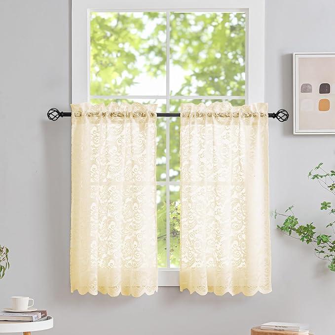 ALIGOGO Beige Kitchen Curtains 36 Inch Length 2 Panels - Vintage Floral Lace Small Window Curtain for RV Bathroom Bedroom, Light Filtering Semi-Sheer Sheer Short Curtains 2 Panels, 26W x 36L Inch