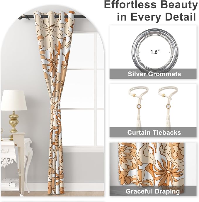 Boho Blackout Curtains for Bedroom and Living Room, Floral Patterned Black Out Curtains 84 Inch Long with Tiebacks, Farmhouse Summer Thermal Insulated Energy Efficient Bedroom Curtains 2 Panel Sets