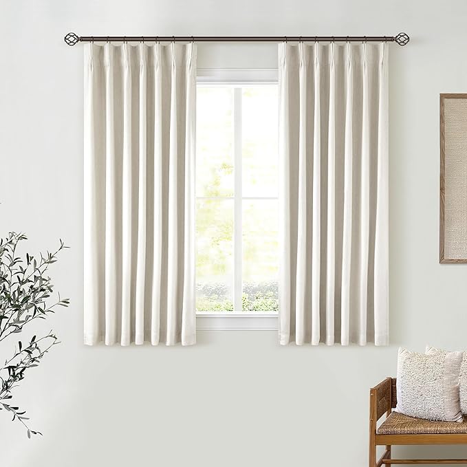 Cream Short Linen Curtains for Small Window 2 Panel Set Kitchen Curtains 45 Inch Length Pinch Pleated Back Tab 100% Blackout Natural Linen Room Darkening Thermal Insulated Drapes for Cafe Bathroom