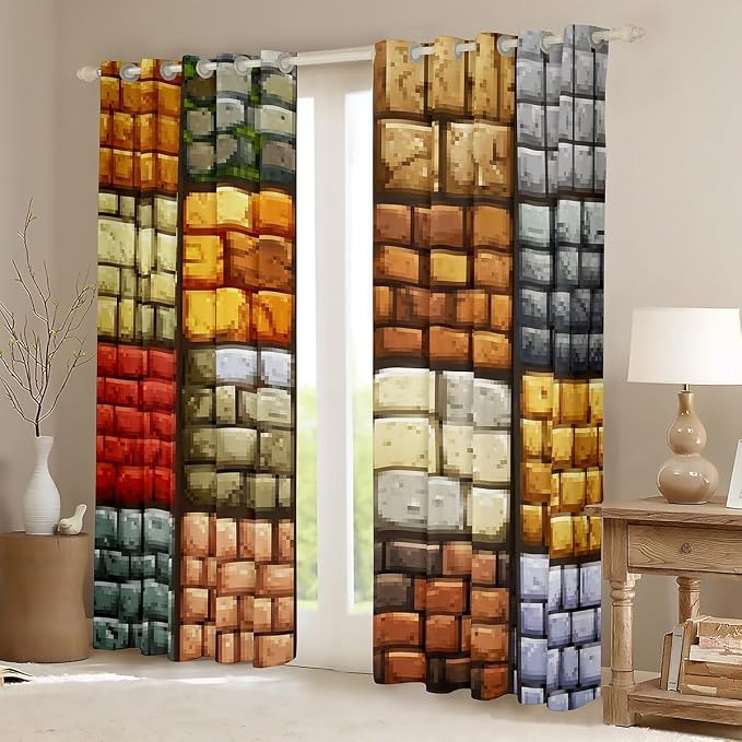 Castle Fairy Pixelated Themed Games Window Curtain,Miner Video Games Bedroom Decor Curtains,Kids Boys Teens Geometric Grid Wall Window Treatment Brown Grey Blackout Drapes 2 Panels,42Wx63L